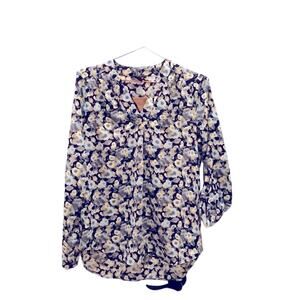 By design woven blue gray leaf floral v neck with roll tab sleeve new wi…